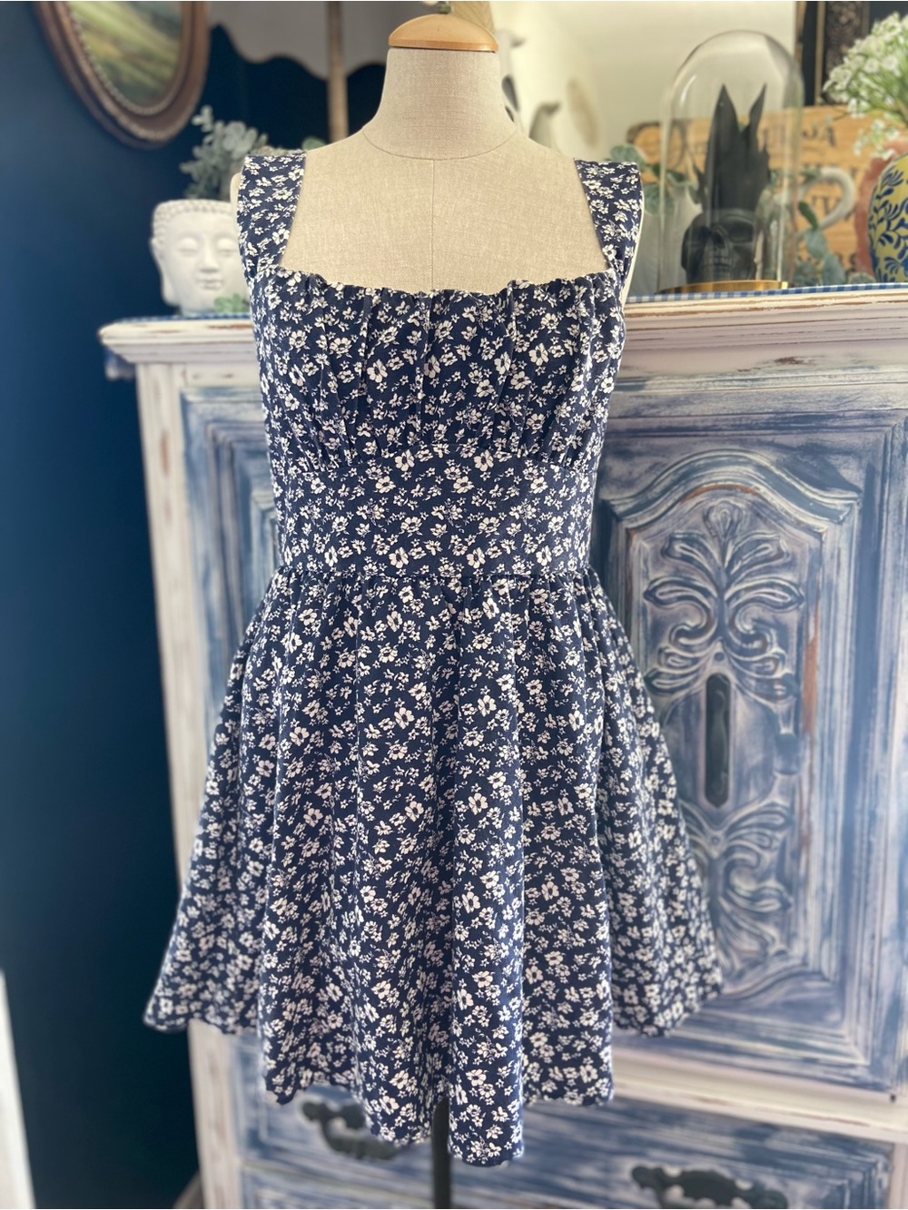 Mini Linen Lined Navy Dress Floral Milk Maid Tie Back Bow Cottagecore Daisy
